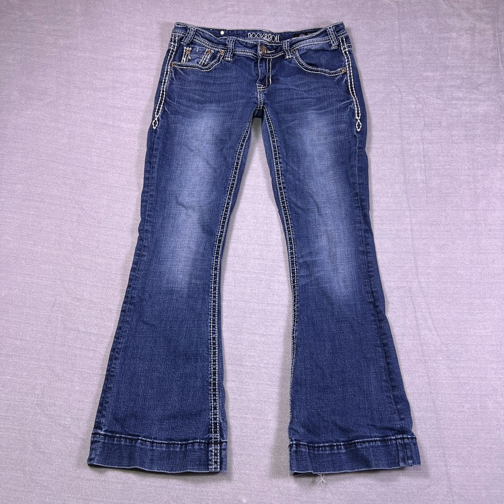 Rock & Roll Womens Blue Heavy Stitch Cowgirl Trouser Bootcut Jeans Size 29x32